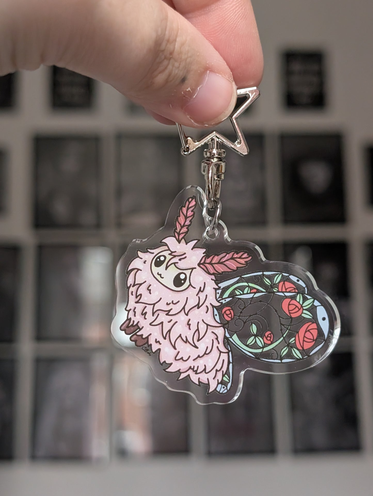 Fluffy moth pink keyring