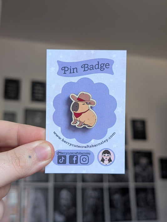 Cowboy honey wooden pin badge