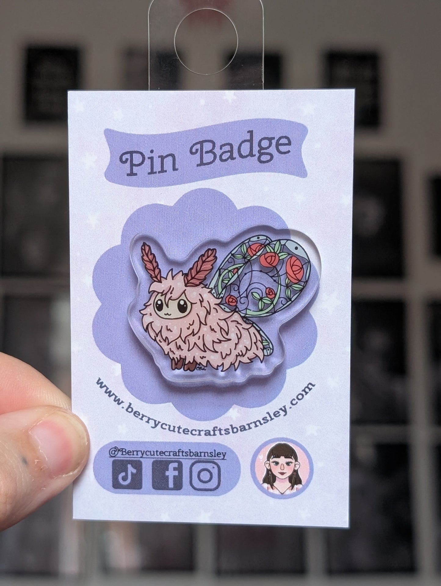 Fluffy moth pink pin bagde