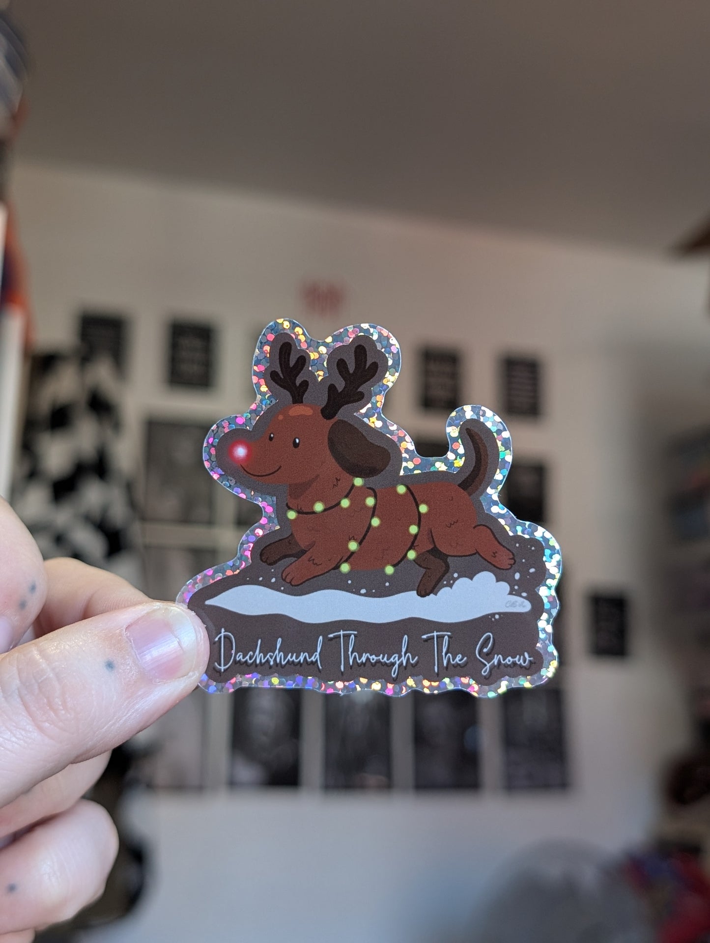 Daschund through the snow sparkle sticker
