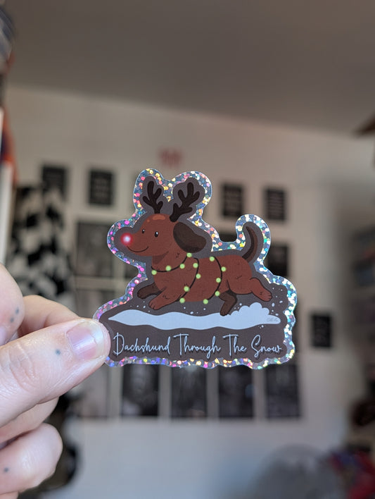 Daschund through the snow sparkle sticker
