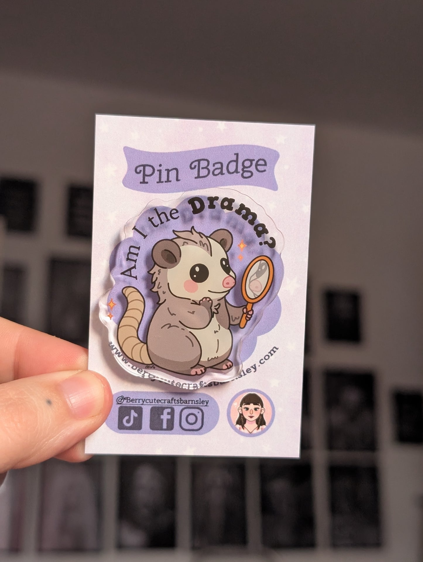 Drama opossum acrylic pin