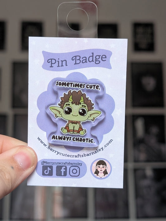 Cute chaos goblin pin badge